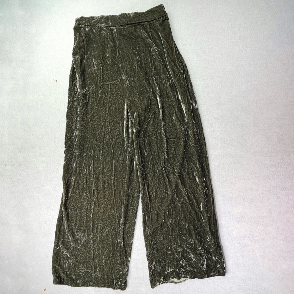 Vintage Worlds Apart Olive Green Crushed  Velvet Wide Leg Pants Boho Classic L